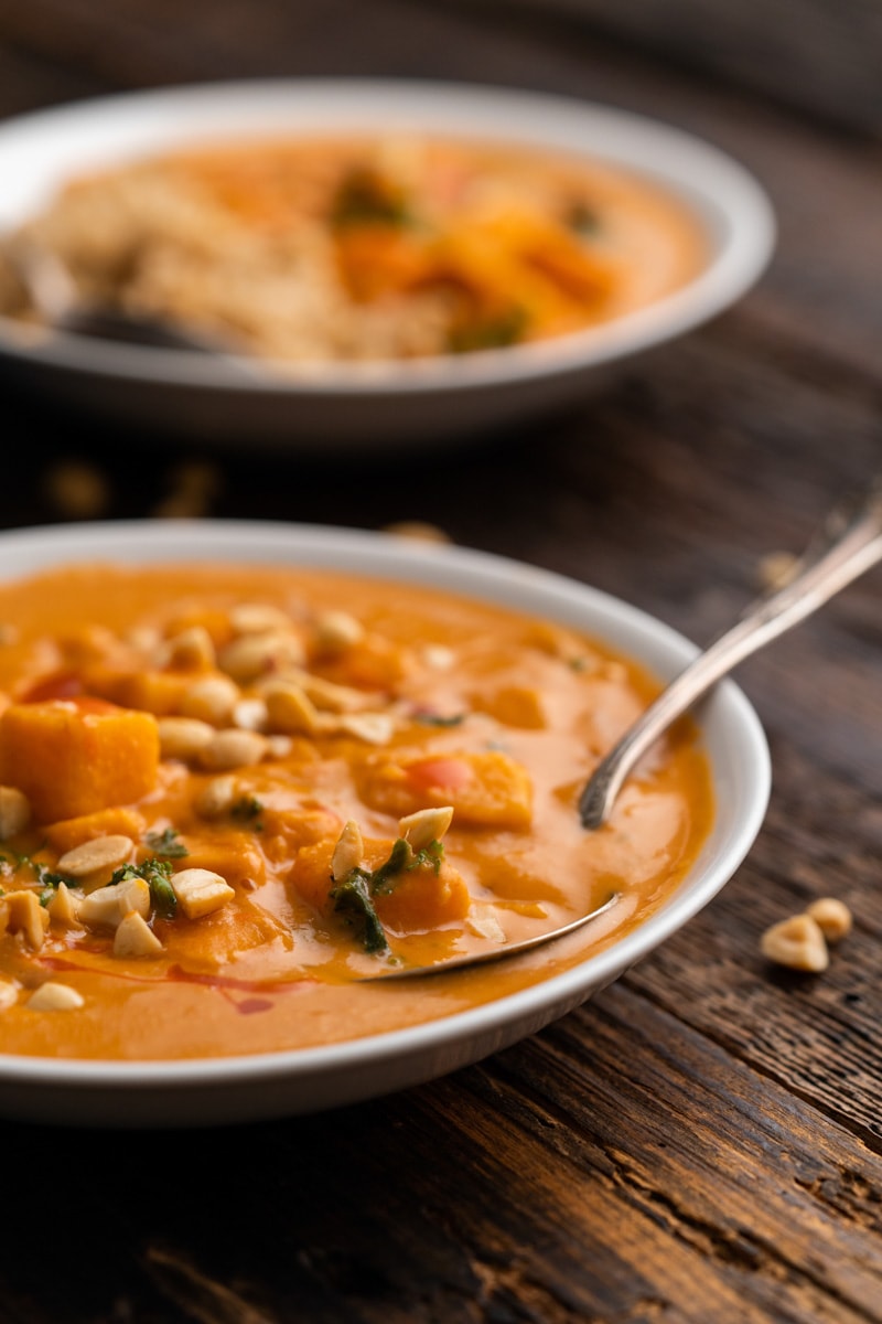 African Peanut Soup in a white bowl