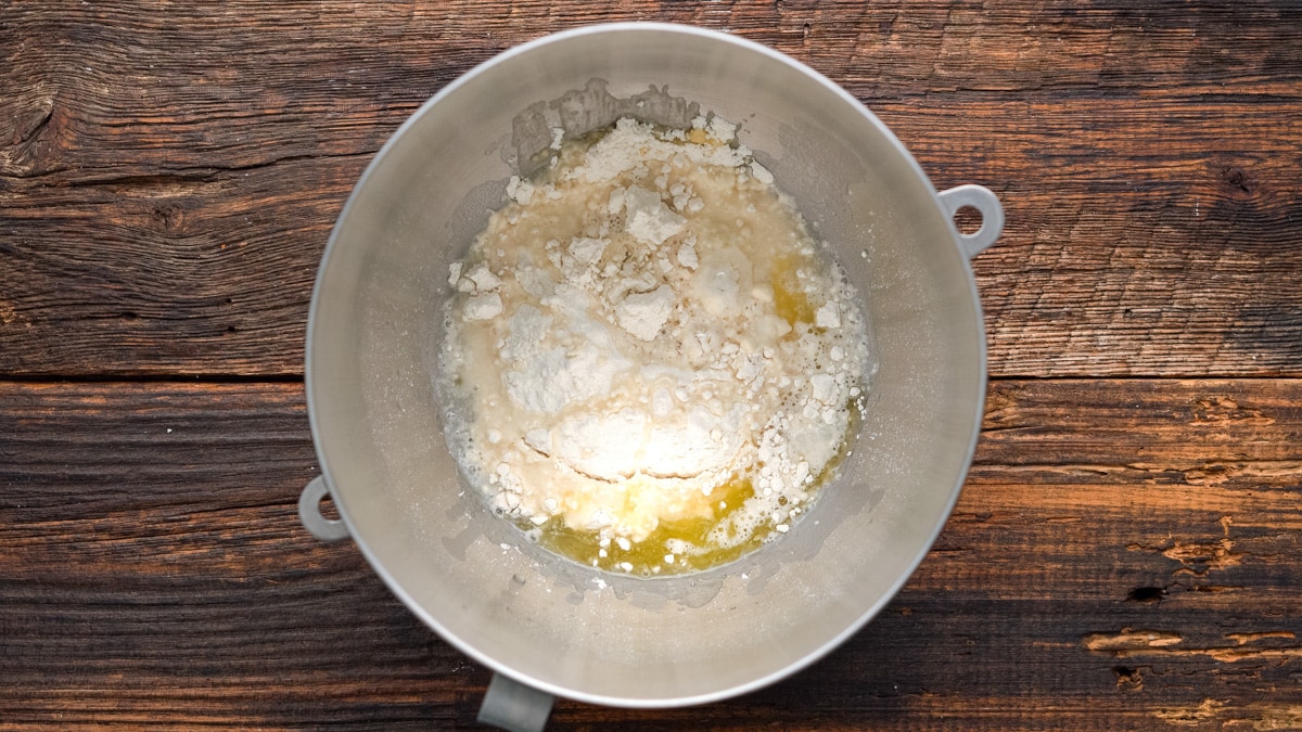 Dough ingredients in a mixing bowl