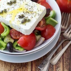 Classic Greek salad on a table.