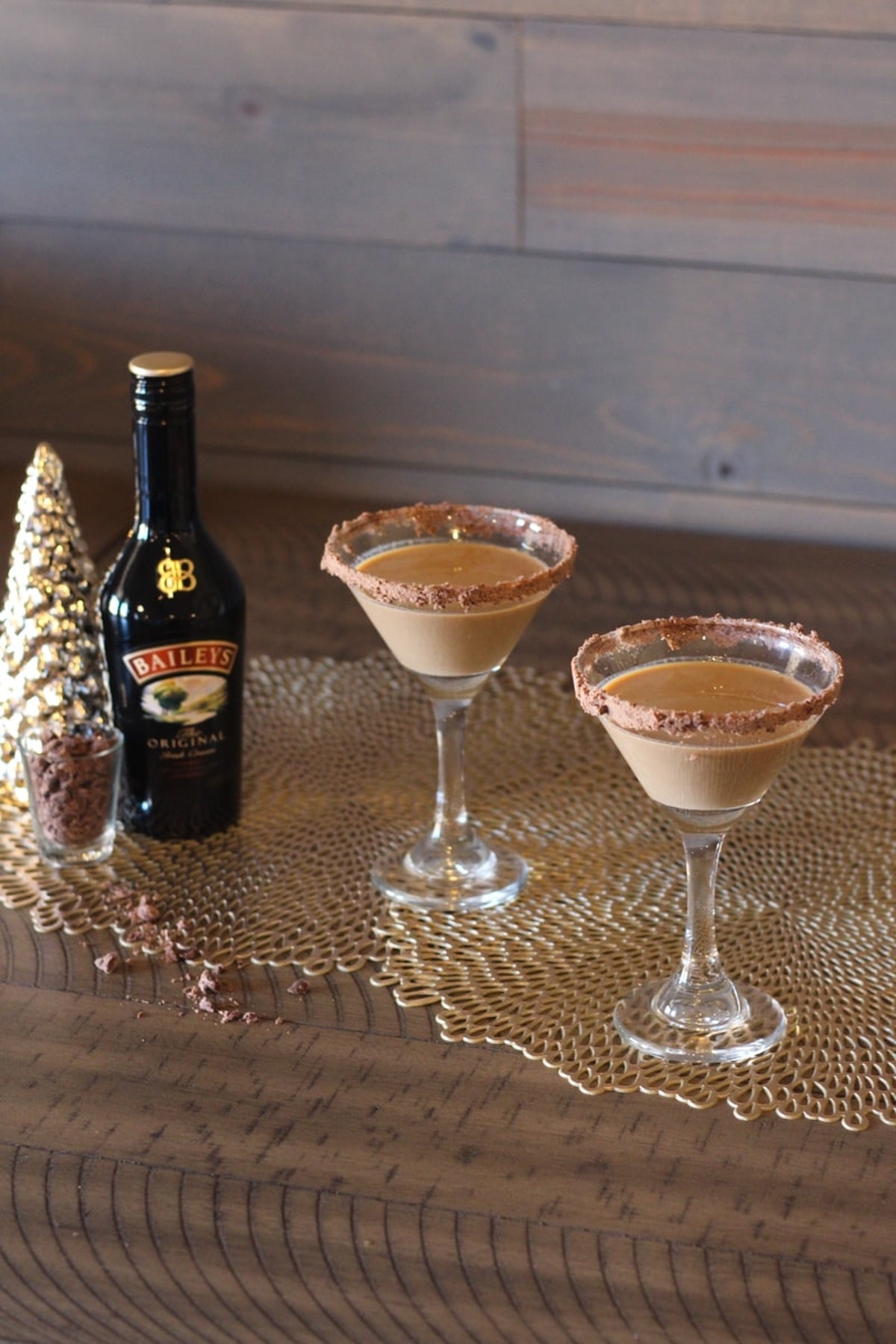 Two glasses of Baileys Chocolate Martini with chocolate shavings on the rim.