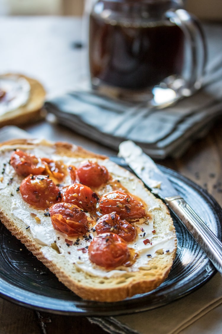 A simple snack or breakfast recipe for mascarpone toast with burst tomatoes!