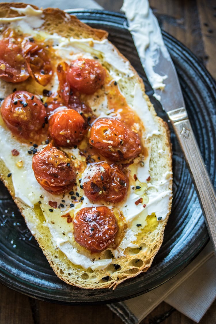 A simple snack or breakfast recipe for mascarpone toast with burst tomatoes!
