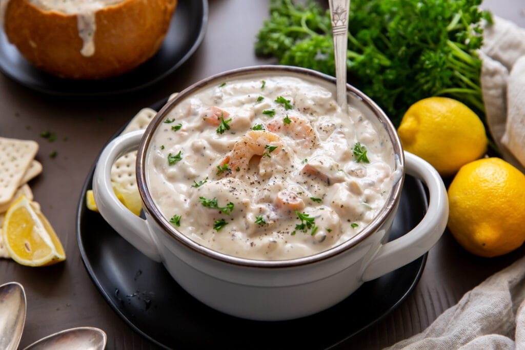 Looking for a recipe for seafood chowder? This Creamy Seafood Chowder recipe is filled with salmon, halibut, shrimp, and clams to satisfy your seafood craving!
