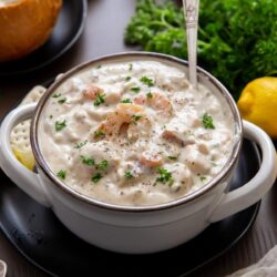 A bowl of creamy seafood chowder adorned with fresh herbs.