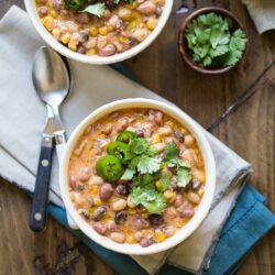 This creamy chili is the perfect vegetarian comfort food! Enchilada sauce and chipotle peppers give it a bold, savory flavor. Made entirely in the slow cooker, this smoky bean chili is as easy as it is delicious.