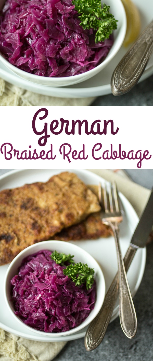 Juniper berries, green apple, and tangy vinegar give this braised red cabbage German style recipe it's distinctive sweet and sour flavor. Make a big batch of this "rotkohl" and watch it disappear!