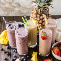 These Five Easy Vegan Smoothies recipes make deliciously healthy fruit smoothies that are dairy free and packed with fruit, protein, healthy fat and grains for a filling breakfast or boost anytime in your day!