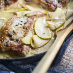 Boneless pork chops are pan-fried then simmered in a rich sauce of shallots, granny smith apples, hard cider, and heavy cream. This French Pork recipe is date night perfection!