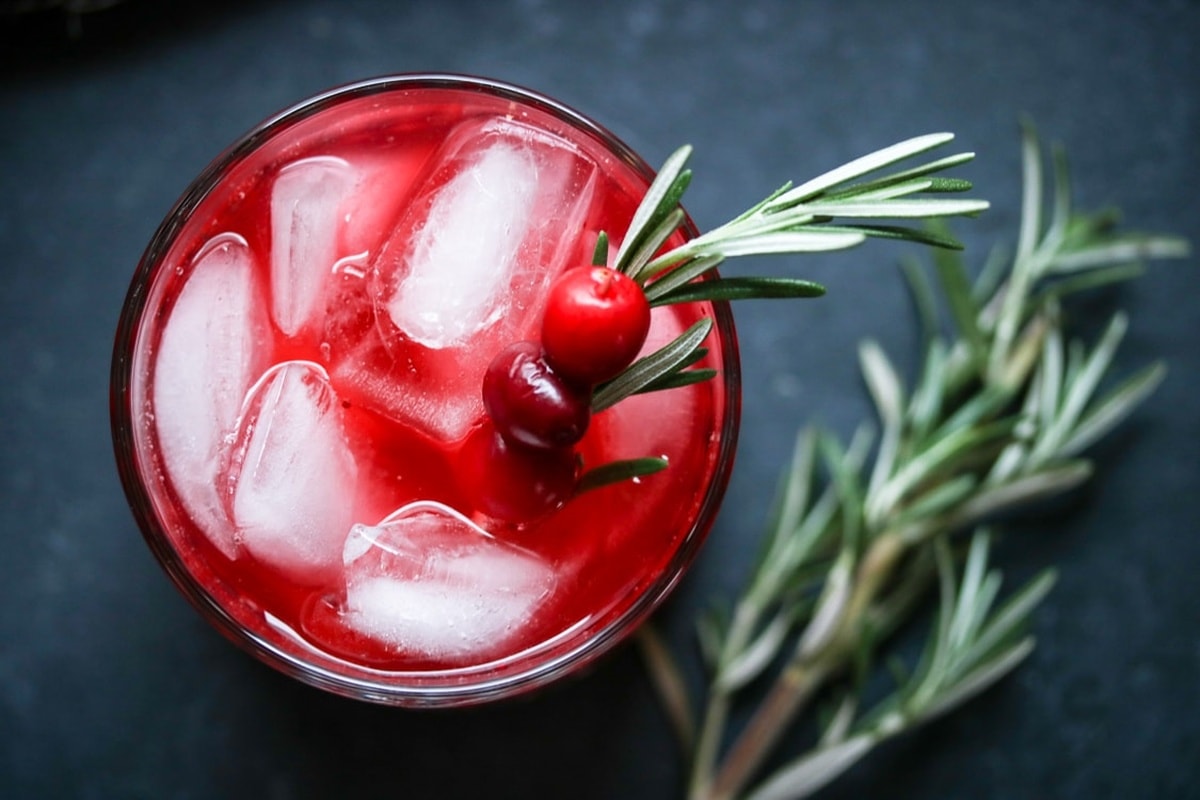 Cranberry Vodka Spritzer in a glass over ice and fresh cranberries.