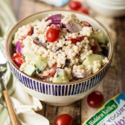 This Greek Couscous Pasta Salad uses Hidden Valley's new Greek Yogurt Dip Mix to add bold ranch flavor to a perfect summer recipe!