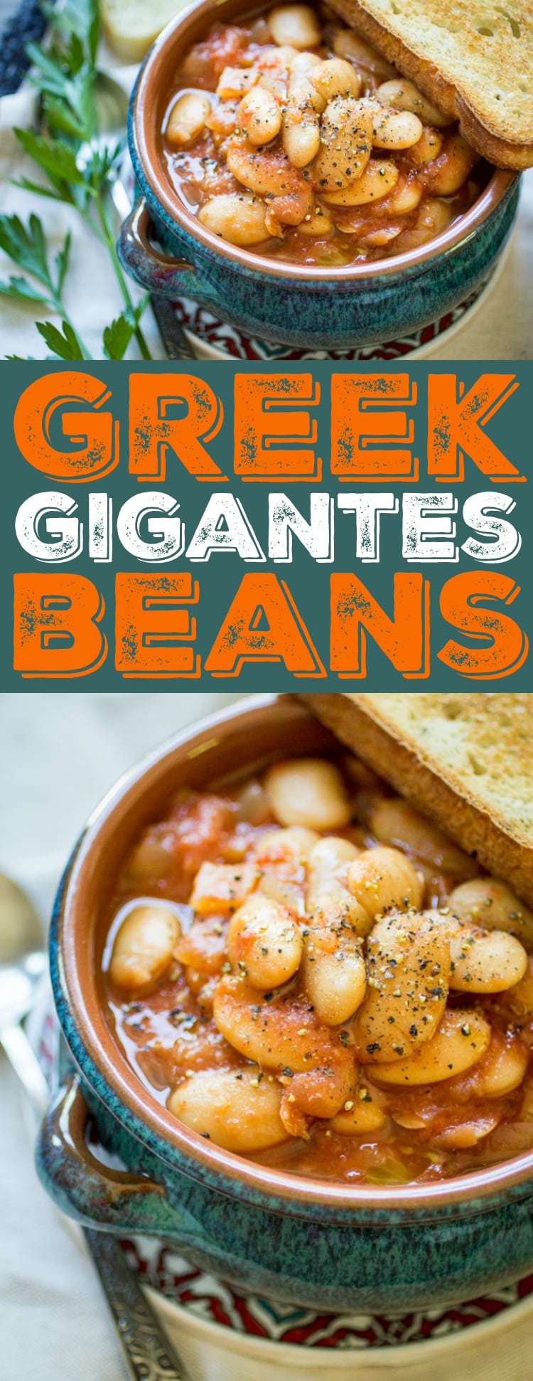 Greek Gigantes are, not surprisingly, GIANT beans! In this recipe, the gigantes are slow cooked in a rich tomato sauce until perfectly creamy and tender. Serve over toasted crusty bread for an easy vegetarian meal!