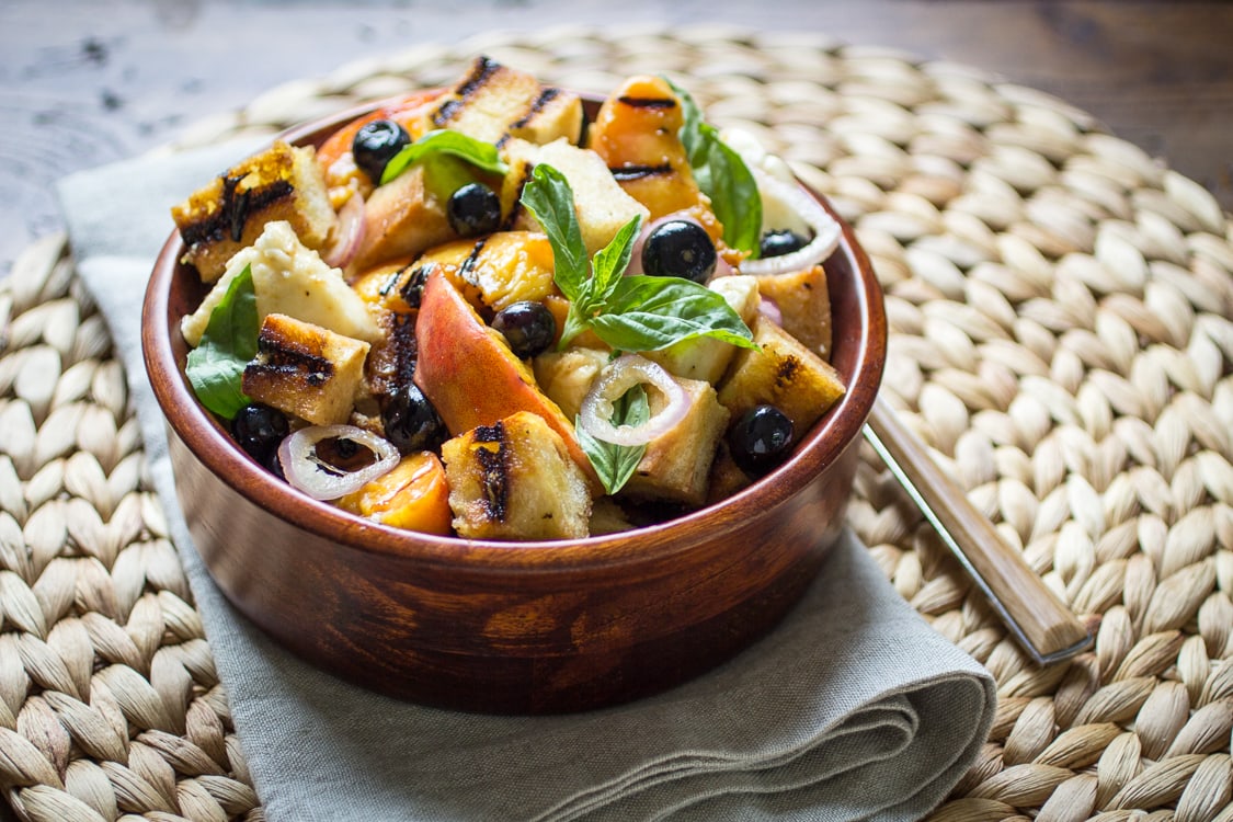 Grilled Panzanella is the perfect summer salad - blueberries, basil, and ripe peaches make this a delectable treat!