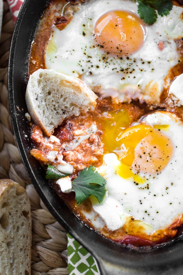 This Harissa Shakshuka recipe is a classic dish of eggs simmered in spicy tomato sauce that will both delight and satisfy. Be sure to serve your Harissa Shakshuka (or, eggs in purgatory) with plenty of crusty bread for dipping! 