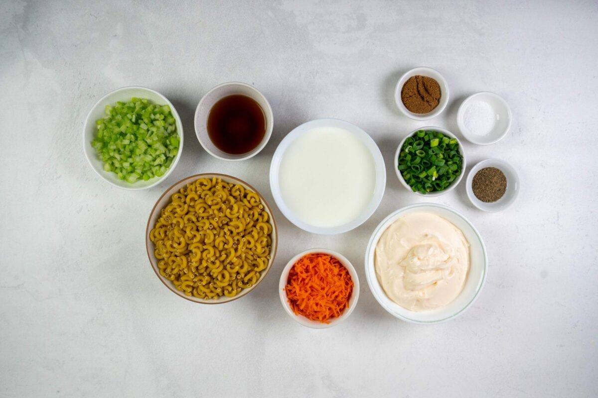 Hawaiian Macaroni Salad Ingredients in white bowls