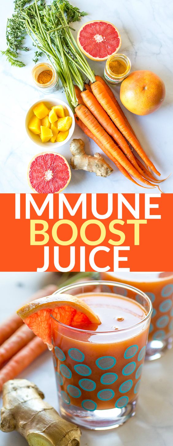 This boost immunity juice recipe blends grapefruit, mango, and carrot for a delicious, healthy drink that is perfect for those days when you feel like you're coming down with something!