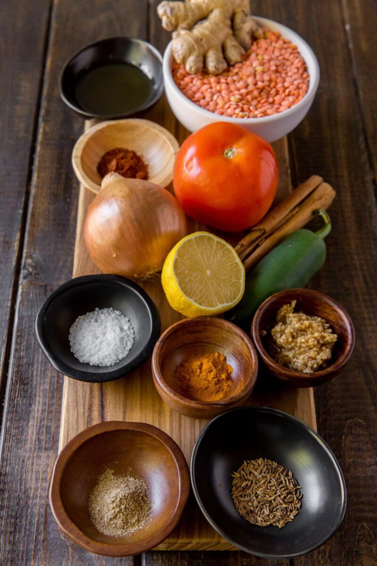Red Lentil Dahl recipe ingredients on a table.