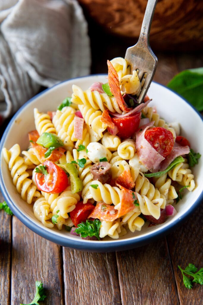 Wanting pasta salad dressing? This Italian Pasta Salad Recipe is a burst of color filled with salami, pepperoncini, Kalamata olives, mozzarella and so much more!