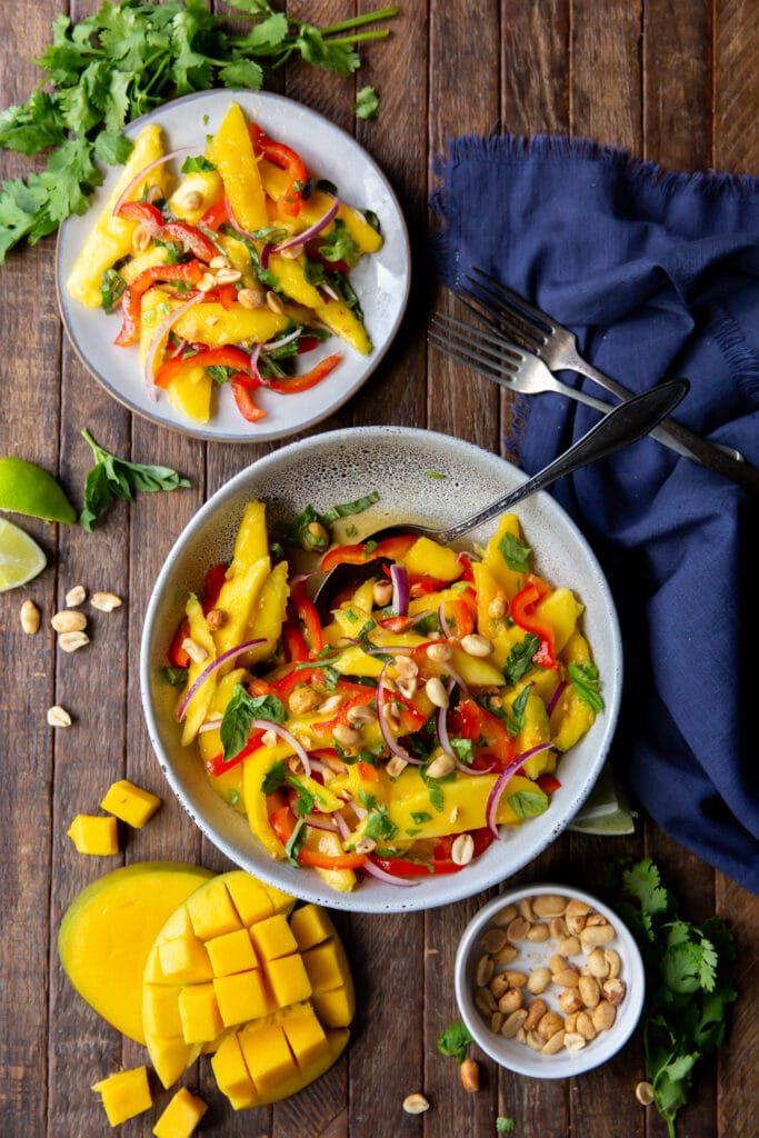 Looking for Mango salad dressing? Check this out.  This Mango Salad recipe has sweet mangoes, crisp bell peppers and onions, and a tangy lime dressing that all pairs together perfectly!