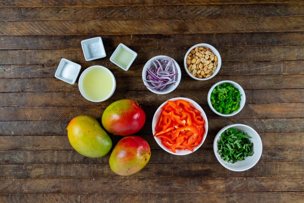 Wanting a salad with mango? Look no further!  This Mango Salads recipe has sweet mangoes, crisp bell peppers and onions, and a tangy lime dressing that all pairs together perfectly!