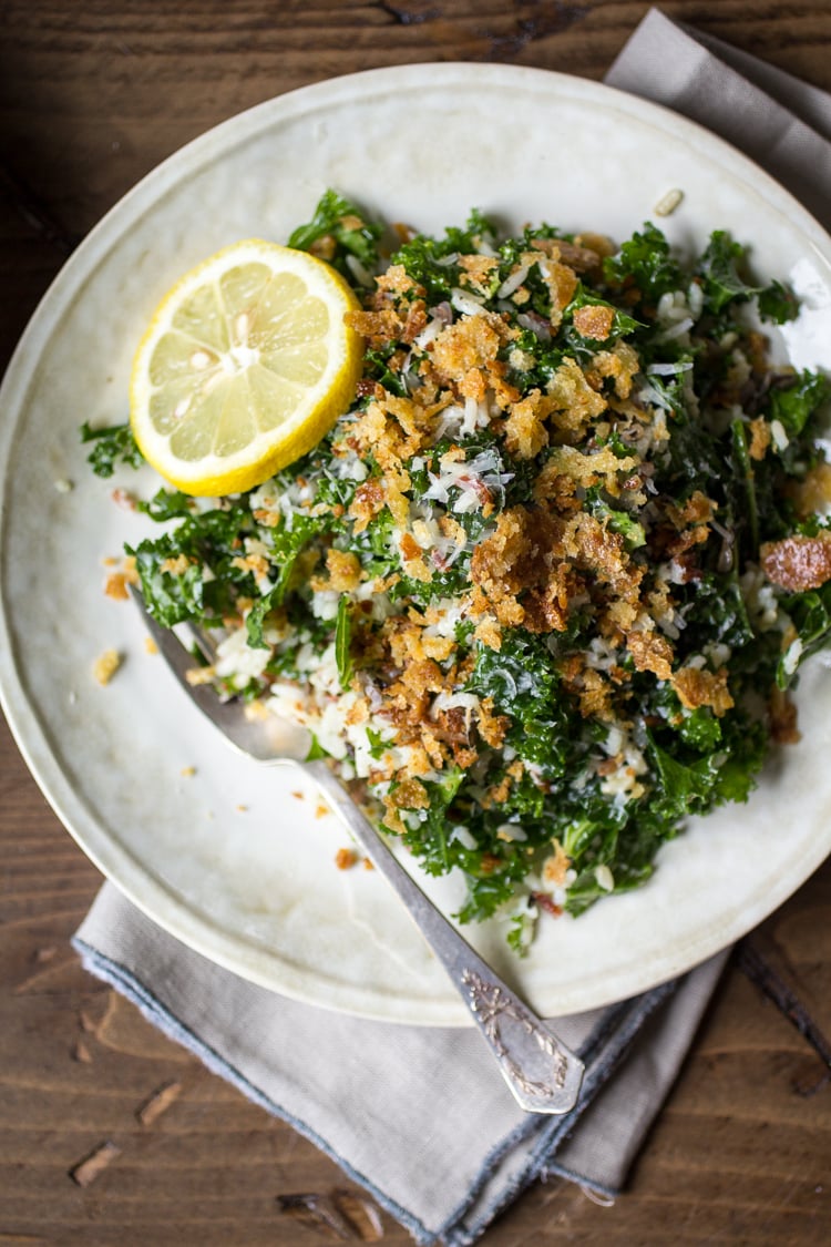 Quick and easy to put together, this massaged kale salad is made with wild rice, parmesan cheese, toasty bread crumbs and a lemony dressing. Delicious!