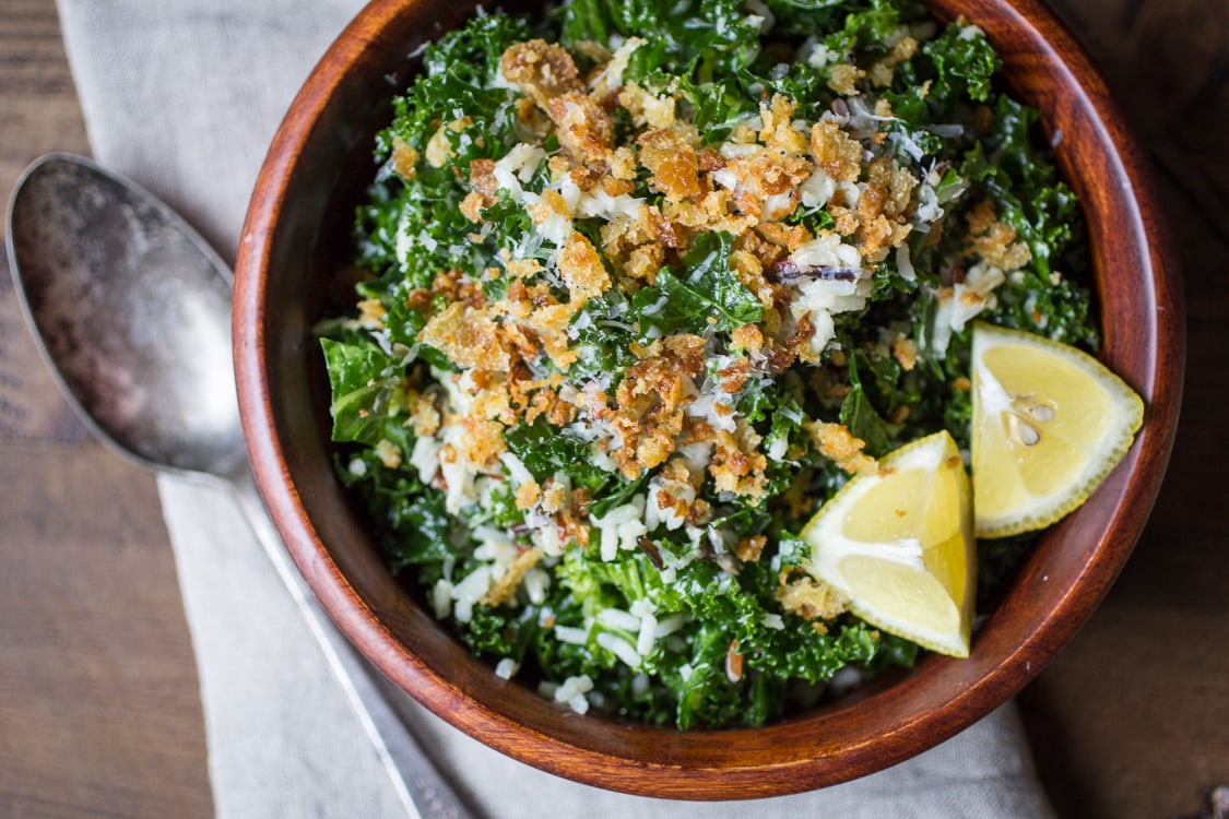 Quick and easy to put together, this massaged kale salad is made with wild rice, parmesan cheese, toasty bread crumbs and a lemony dressing. Delicious!