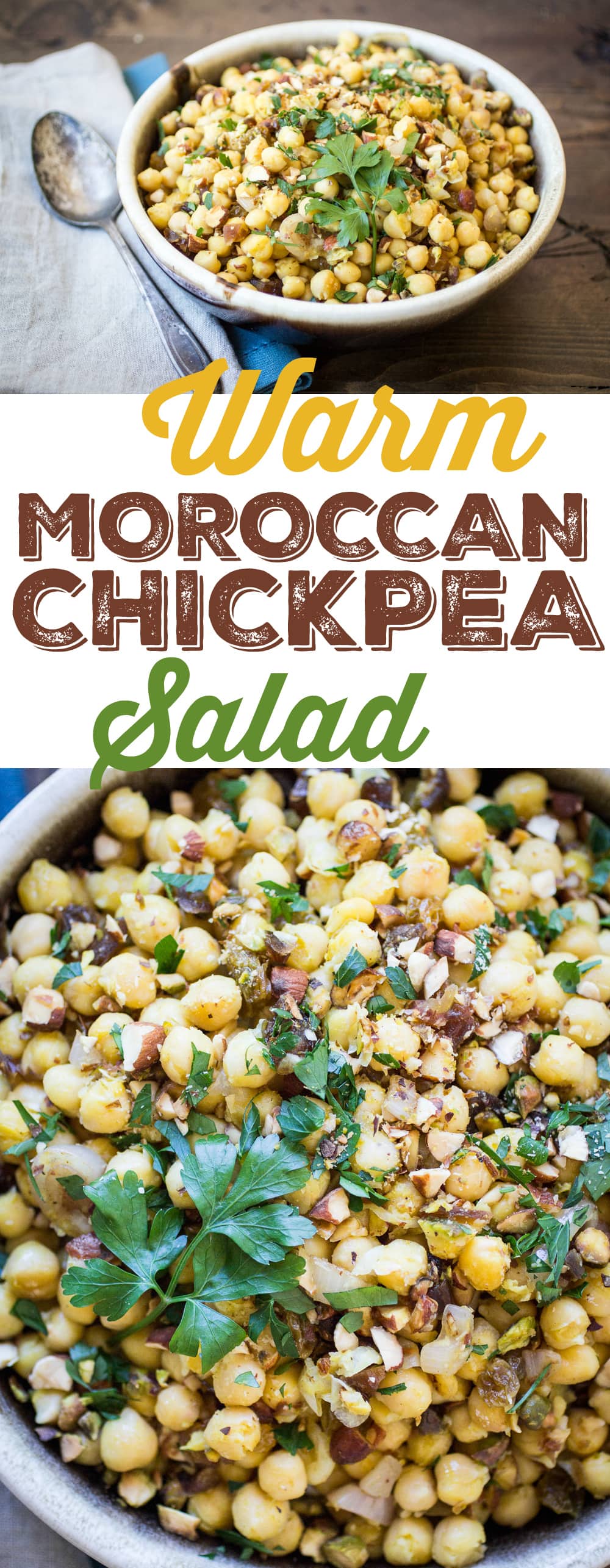 Dried dates and crunch pistachios make this Moroccan Chickpea Salad both sweet and savory!