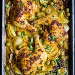 Moroccan Chicken on a baking sheet.