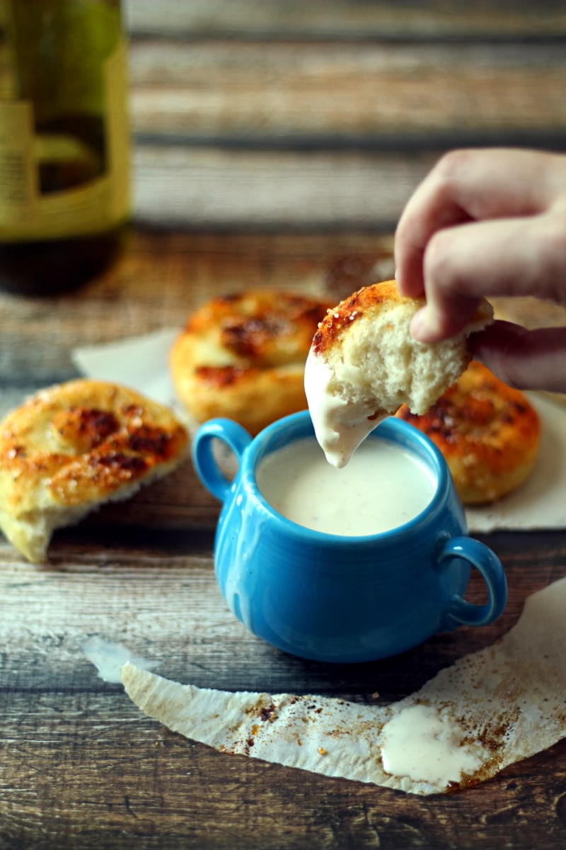 Quick Slow Cooker Cheese Fondue with Wine recipe from The Wanderlust Kitchen