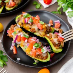 This delicious Taco Zucchini Boats recipe uses fresh zucchini stuffed with taco meat and all your favorite toppings.