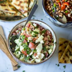 Whether enjoyed as a salad, side, or wrapped in pita, this Turkish Cucumber, Feta, and Tomato Salad is one meze you don't want to miss!