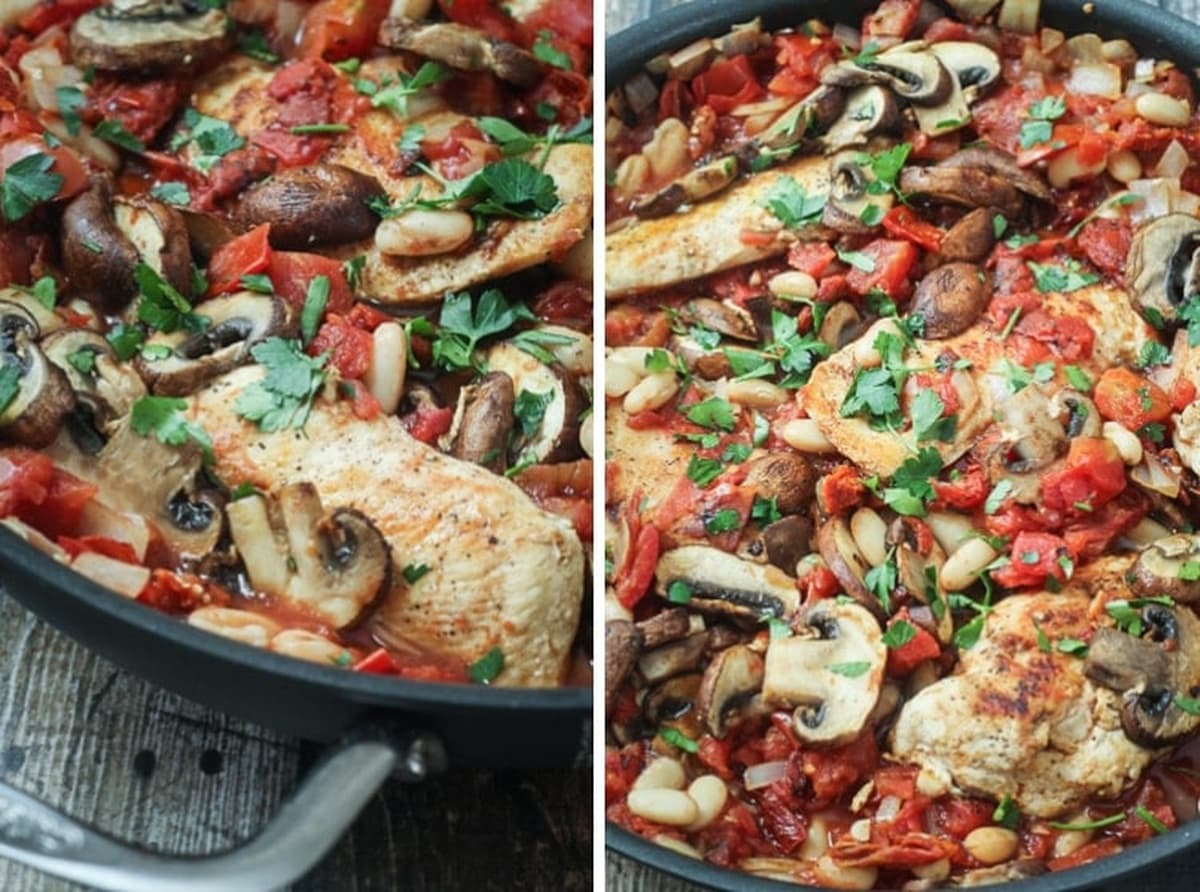 Tuscan chicken skillet with mushrooms and flavorful herbs.