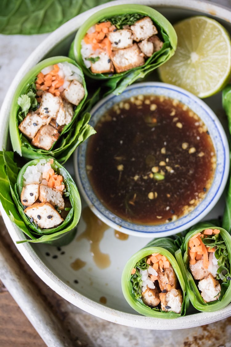 These Banh Mi Collard Wraps are filled with caramelized tofu and fresh Vietnamese flavor!
