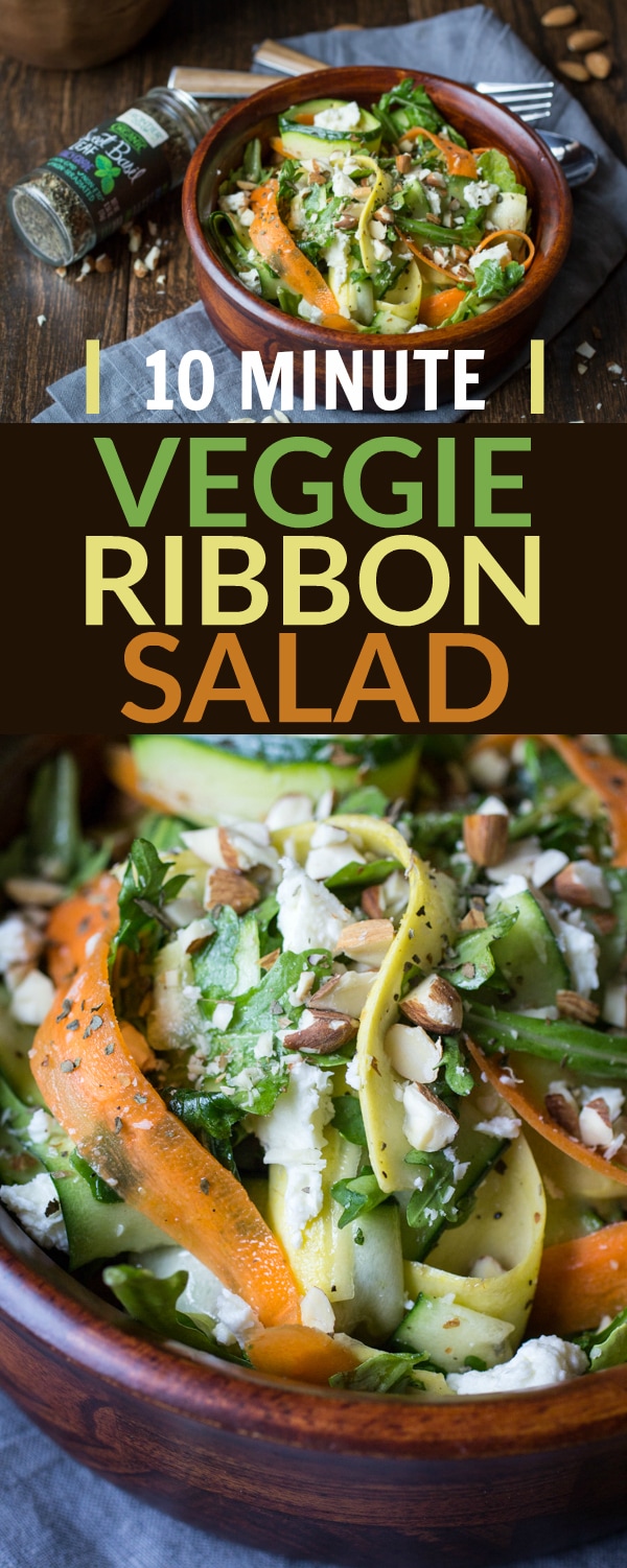Ten minutes and a trusty vegetable peeler are all you need to make this easy veggie ribbon salad. Tossed in a homemade dressing and studded with crunchy almonds and tangy feta cheese, this colorful salad is the perfect potluck dish!